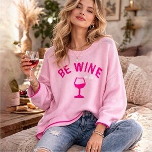 NWT CeCe Pink “Be Wine” Soft Knit Long Sleeve Sweater Size Large